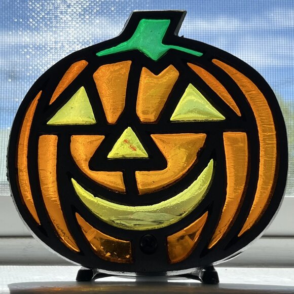 Vintage Jack-O-Lantern Tea Light Holder | Stained Glass & Cast-Iron Halloween - Picture 2 of 10
